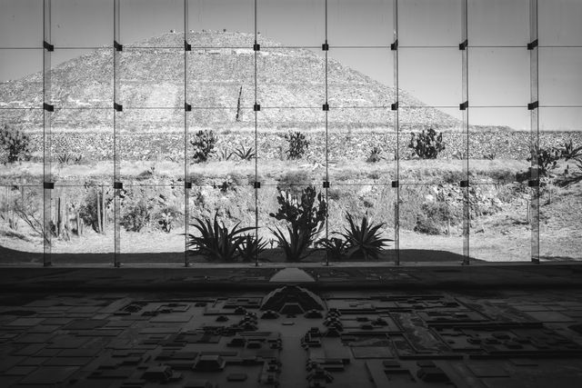 The Pyramid of the Sun, seen in front of a diorama of Teotihuacán at the Teotihuacán Museum.