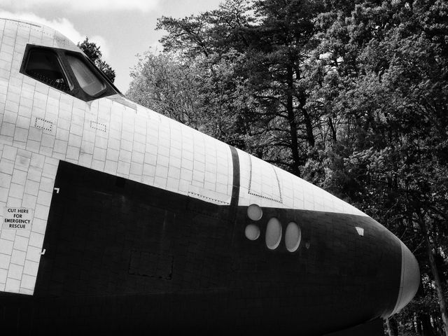 Close-up of the nose of the Space Shuttle Enterprise.