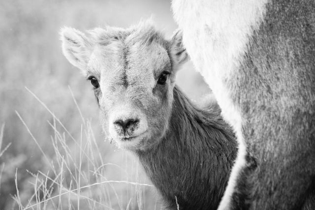 A young bighorn lamb, seen behind an ewe and looking towards the camera.