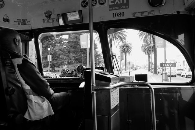 View from the front of a streetcar at the Embarcadero, San Francisco.