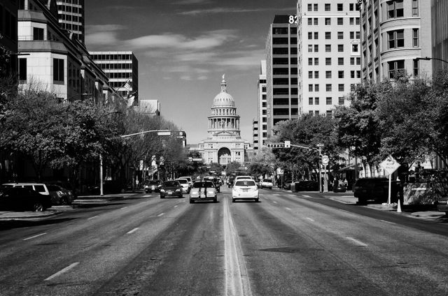 Looking down Congress Avenue in Austin at the Texas State Capitol.