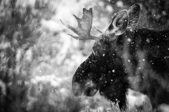 A portrait of a bull moose with small paddles walking through a field of sagebrush, in snowfall.