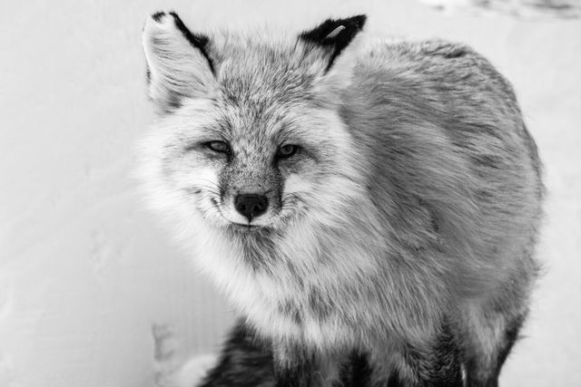 A portrait of a red fox, looking roughly towards the camera, and standing in front of a snowbank. A tag is partially visible in one of his ears.