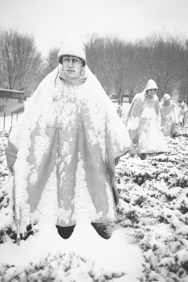 The Korean War Veterans Memorial, covered in snow.