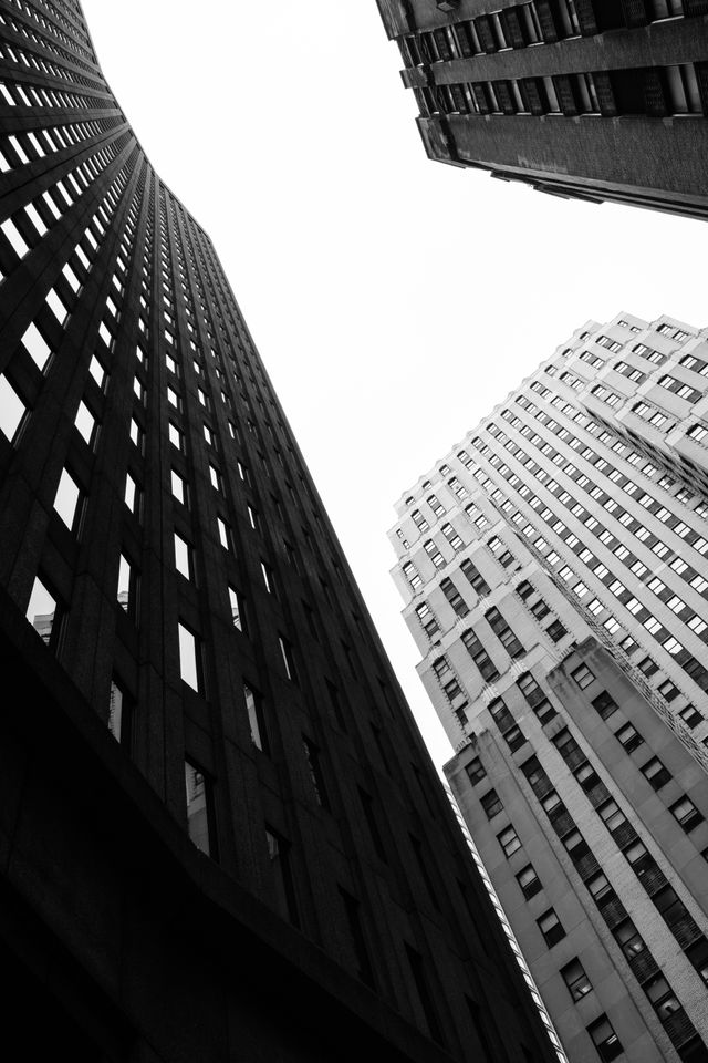 Looking up at buildings on Broad Street, in New York's Financial District.