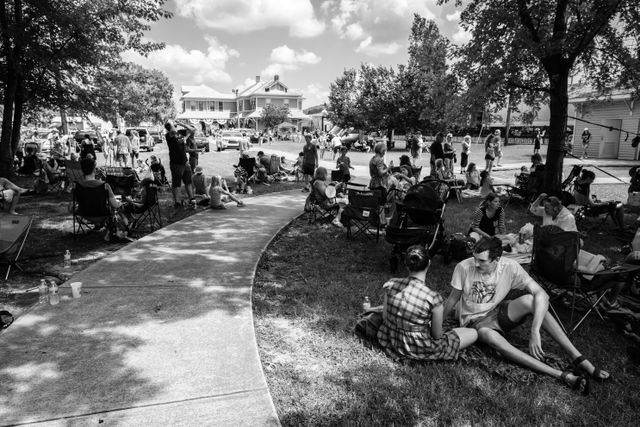 People waiting for the 2017 solar eclipse near the L&N Depot Museum in Etowah, Tennessee.