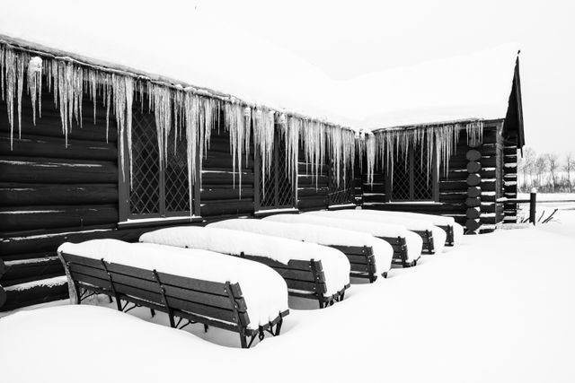 Benches outside the Chapel of the Transfiguration, on a snowy, overcast day. The Chapel, benches, and ground are covered in several inches of snow. The Chapel's eaves are covered in icicles.