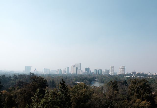 The skyline of Mexico City from the top of Chapultepec Hill on a very hazy day.