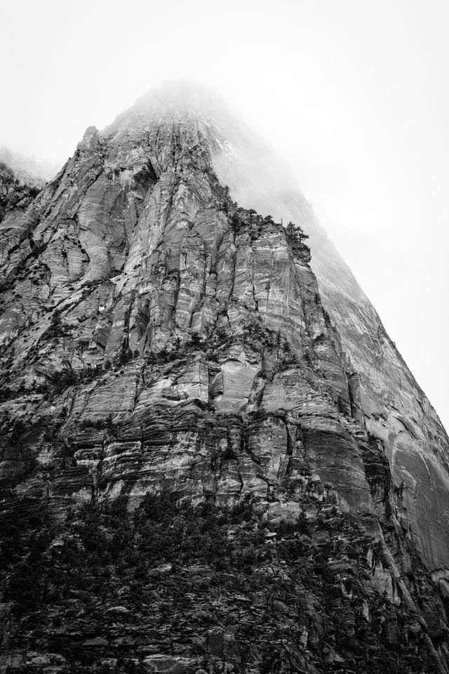 Lady Mountain, partially shrouded in fog.