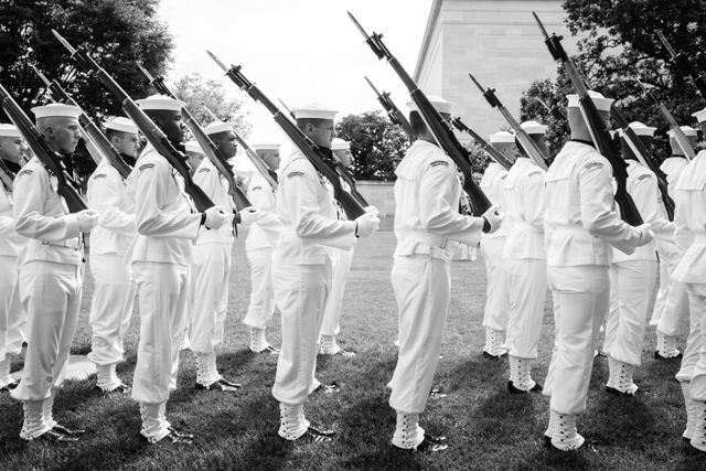 The Navy Ceremonial Guard in formation on the grounds of the National Gallery of Art in Washington, DC.