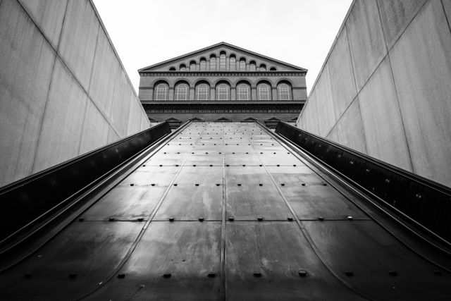 Looking up at the National Building Museum from the Judiciary Square escalator.