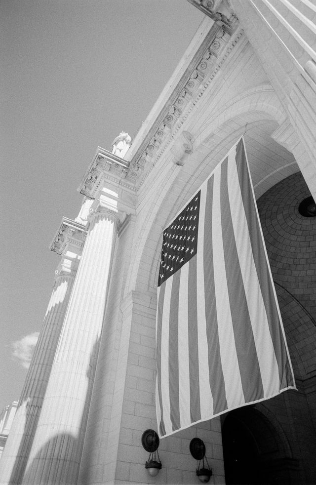 Flags hanging in front of Union Station, Washington, DC.