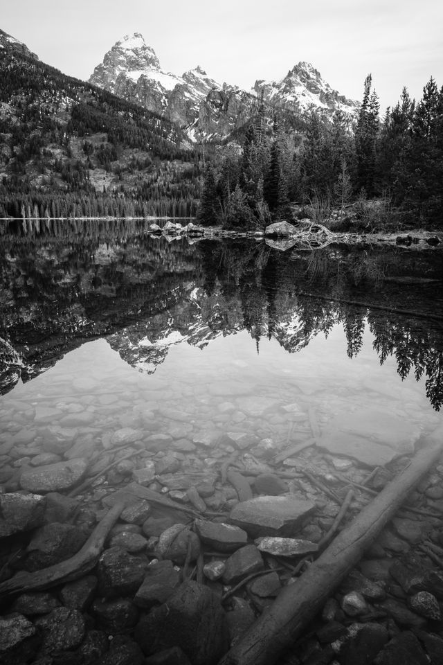 Taggart Lake. Rocks and some logs and branches can be seen under the surface of the lake; in the background, Grand Teton and Teewinot Mountain.