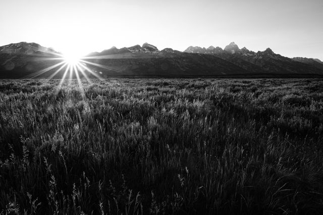 The sun setting behind the Teton range.