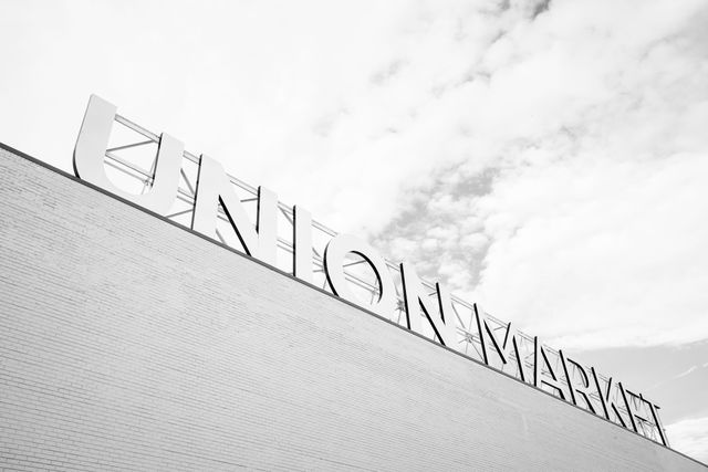 The sign at the top of the Union Market building in Washington, DC.