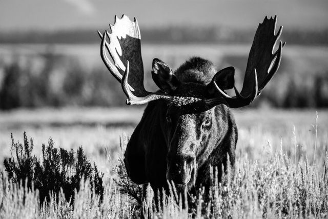 A bull moose with huge antlers, standing in a field of sagebrush, looking head-on towards the camera.