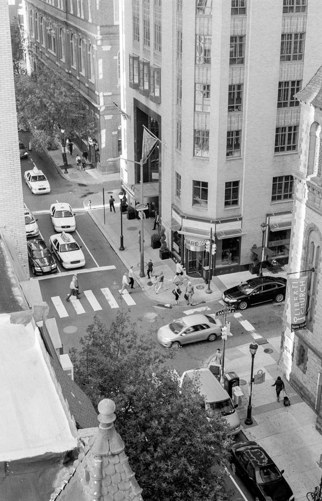 Looking at the street in Philadelphia from a rooftop.