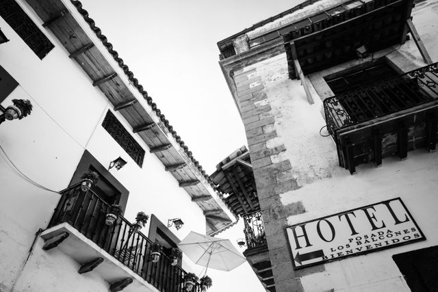 Looking up at an inn in Taxco, Mexico.