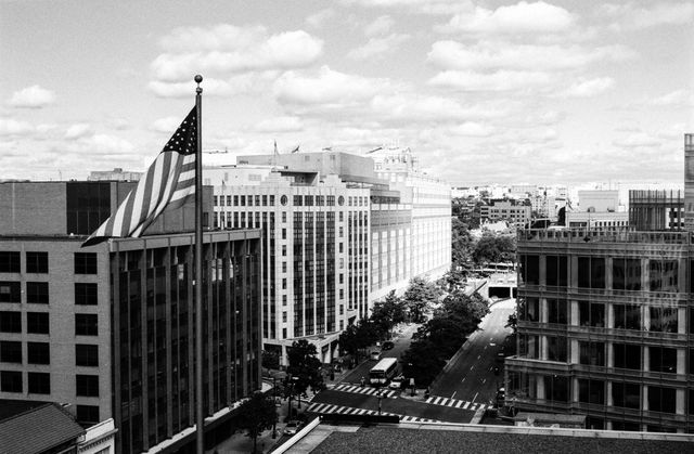 Dupont Circle and an American flag, seen from the Vox Media office.