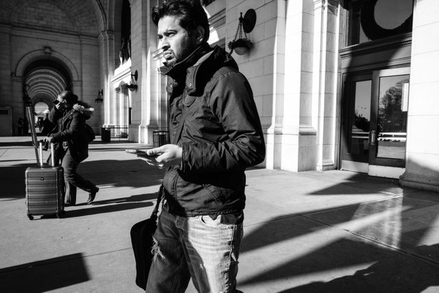 A passenger walking out of Union Station in Washington, DC.