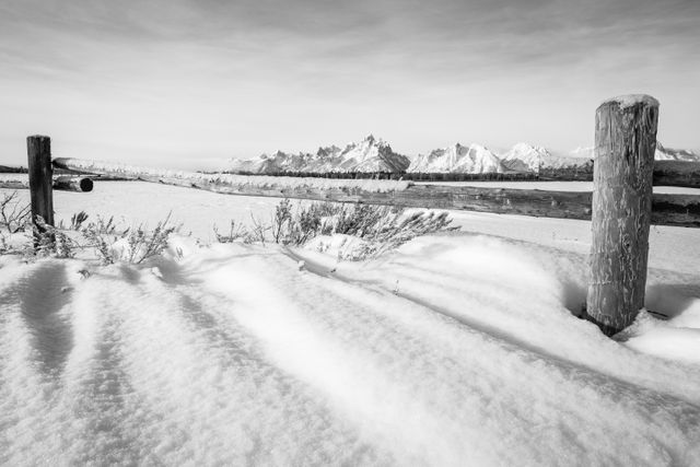 The Teton Range, seen in winter from Elk Ranch Flats, behind a wooden cattle fence and sagebrush in wind-swept snow.