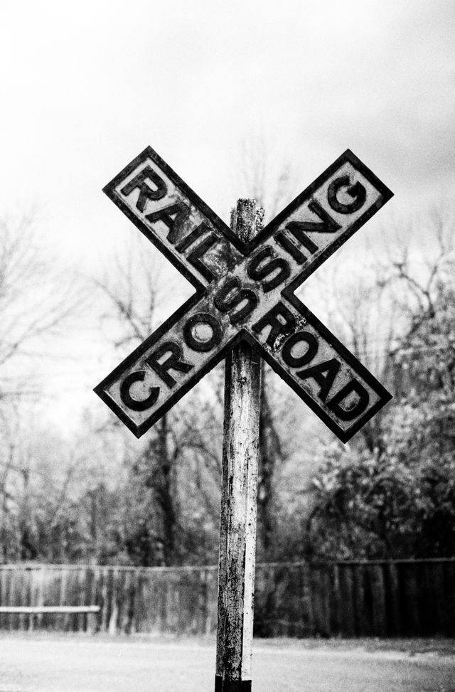 A railroad crossing sign at the Shelburne Museum, Vermont.