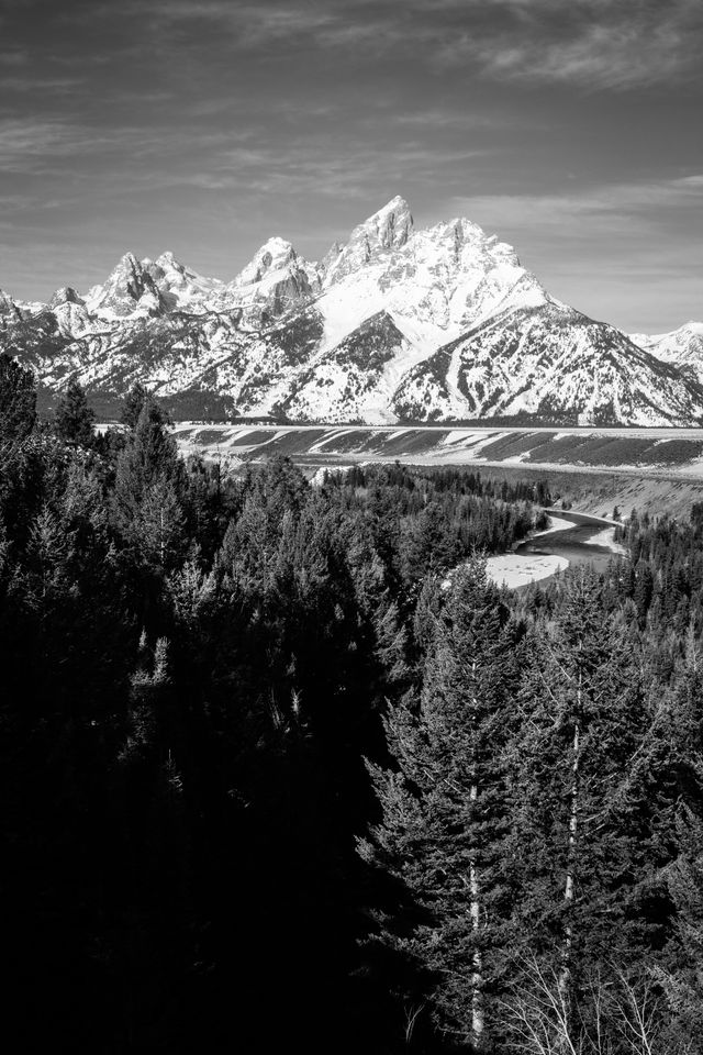 The Cathedral Group of the Teton Range, seen in early spring from the Snake River Overlook.