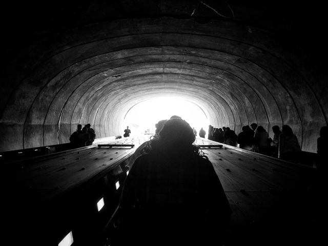 Looking up at the Q Street exit of Dupont Circle Metro Station.