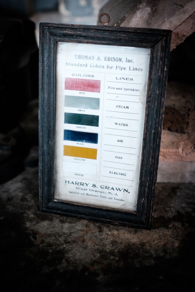 A "standard colors for pipe lines" sign at Thomas Edison's Laboratory.