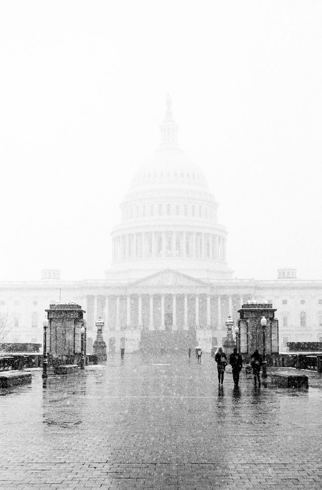 The United States Capitol in the snow.