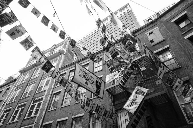 St. Patrick's Day banners hanging above Stone Street.