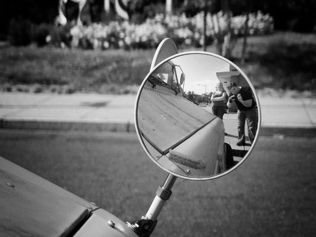 Self-portrait on a mail truck.