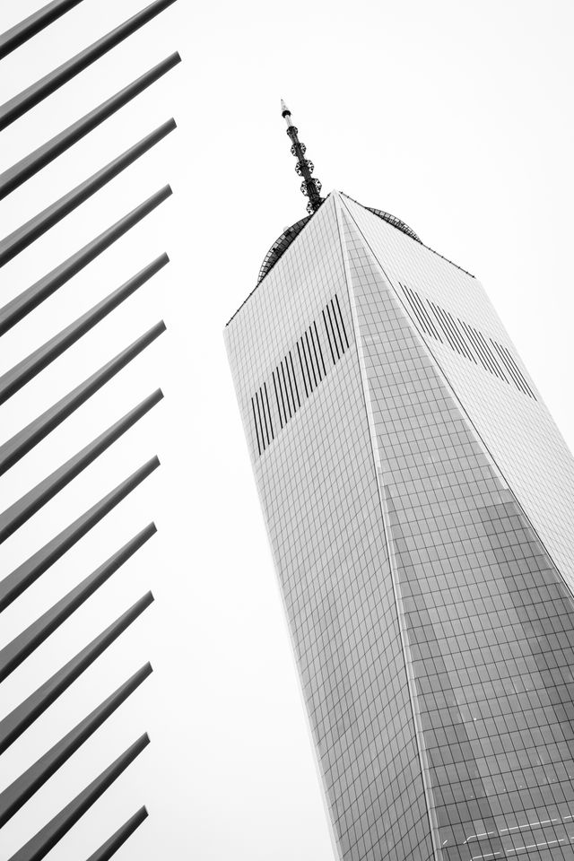 One World Trade center seen next to the ribs of the Oculus.