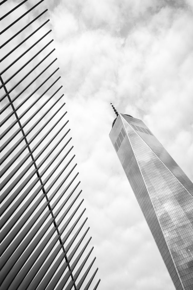 One World Trade Center seen next to the ribs of the Oculus.