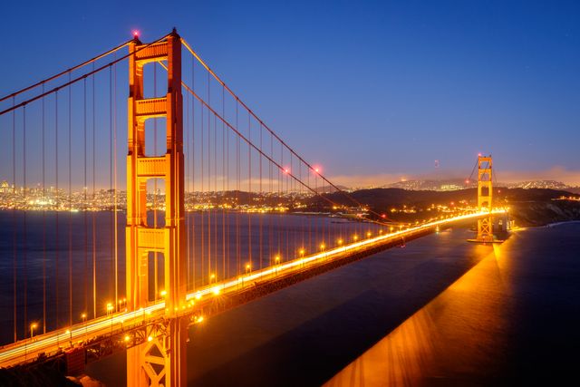 The Golden Gate Bridge at dusk, from Marin Headlands.