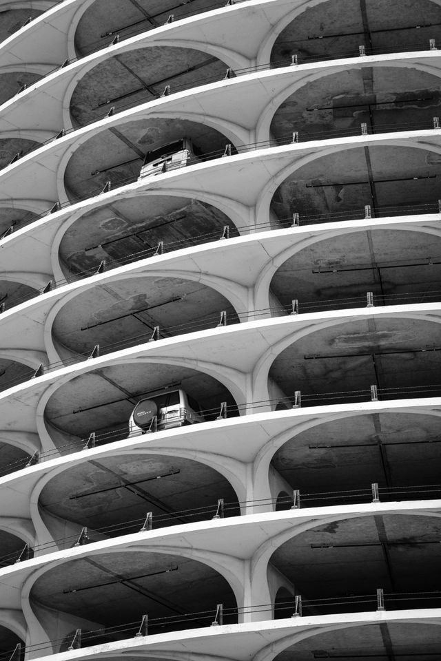 Close-up of the Marina City parking lot.