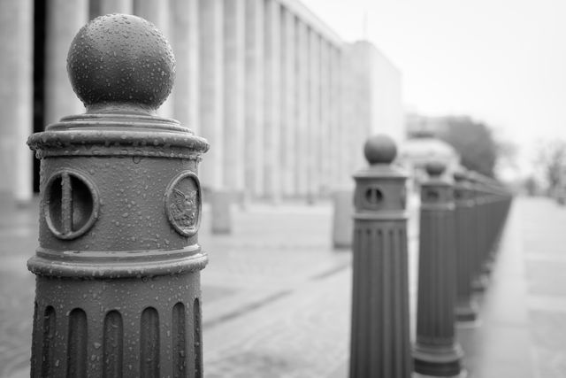 Poles covered in rain outside the Library of Congress.