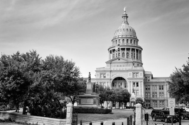 The Texas State Capitol, in black & white.