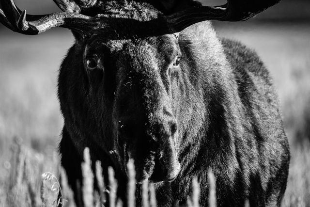 A close-up portrait of a bull moose with huge antlers, standing in a field of sagebrush. He has bits and pieces of sagebrush on his snout.