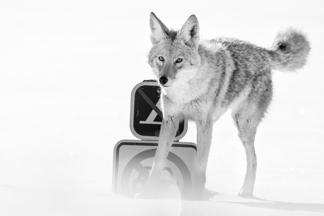 A coyote peeing on a no parking and no camping sign while looking straight at the camera.