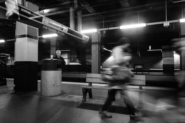 Two passengers on the platform at Philadelphia's 30th Street Station.