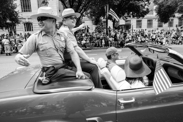 Park Rangers riding on a Mustang at the Independence Day Parade in Washington, DC.