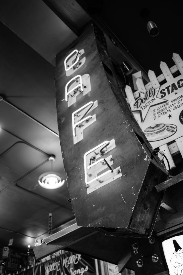 A cafe sign inside Easy Street Records in Seattle.