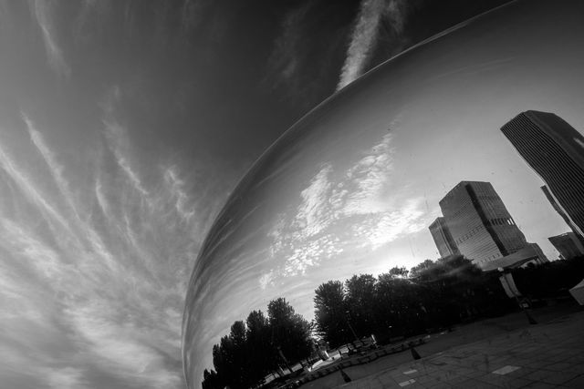 Sunrise reflected off of Cloud Gate in Millennium Park in Chicago.