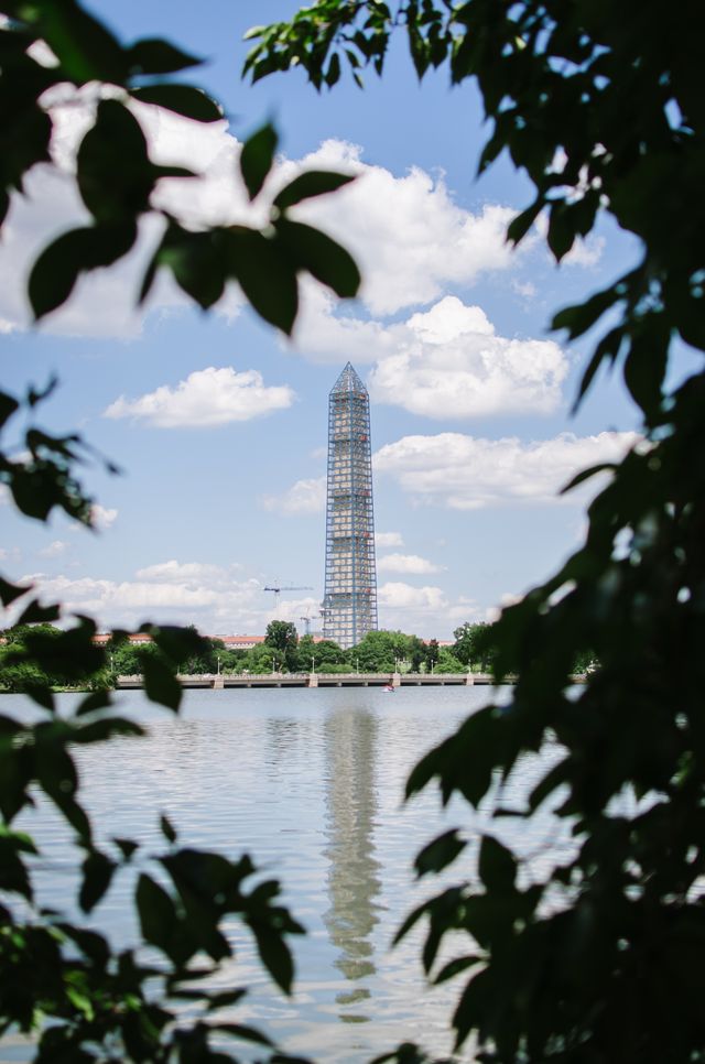 The Washington Monument covered in scaffolding, seen from across the Tidal Basin in Washington, DC.