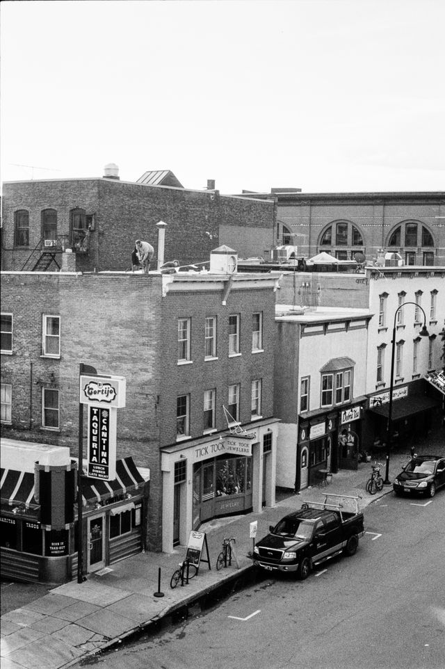 View of downtown Burlington from the rooftop of a parking lot.