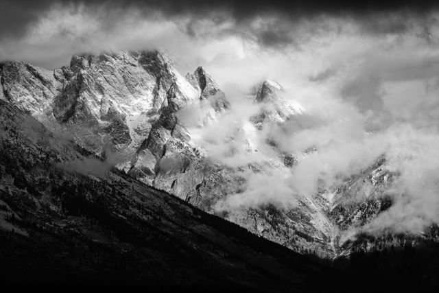 Clouds & fog hanging from Mount Moran after a fall snowstorm.