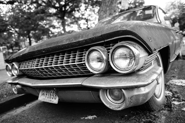 Front left corner of a rusted 1960s Cadillac de Ville parked on 9th Street & K Street NE in Washington, DC.