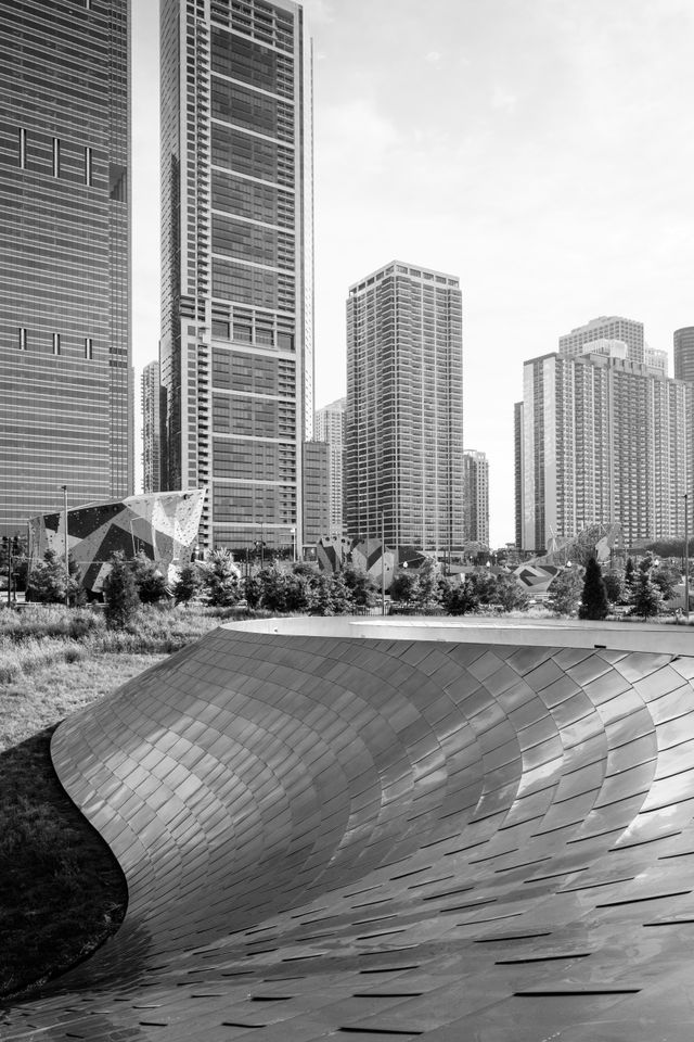 Part of the River North skyline, seen from the BP Pedestrian Bridge over Grant Park.