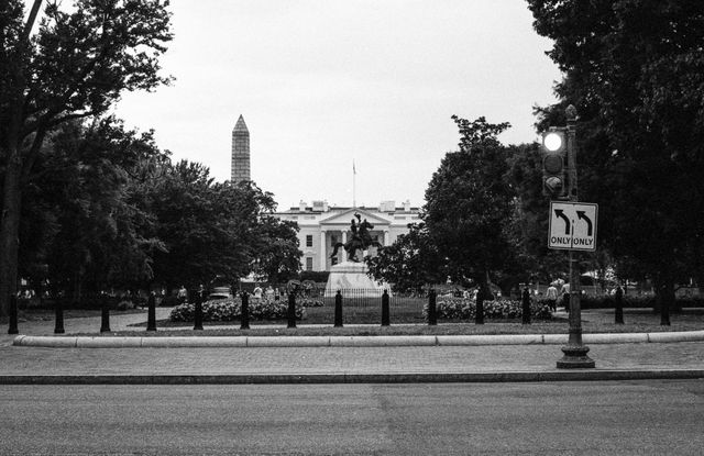 View of the White House from across Lafayette Park.